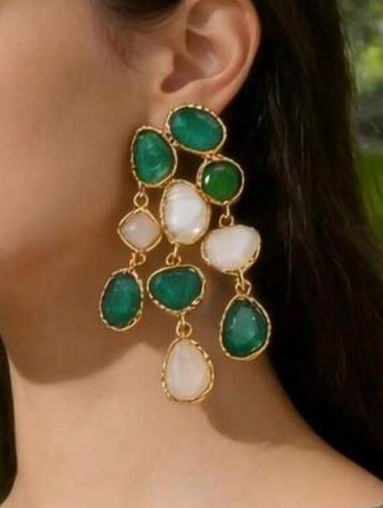 Anthropologie Jewelry - Gold Green and White Multi-Stone Chandelier Earrings